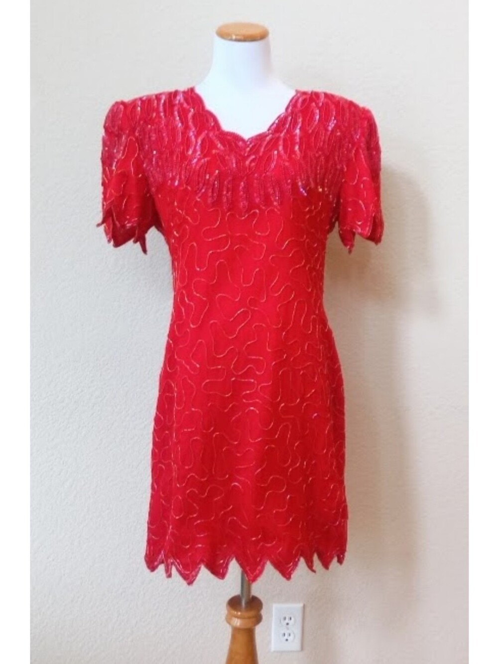 Lawrence Kazar vintage silk stunning red dress with intricate beading detailing